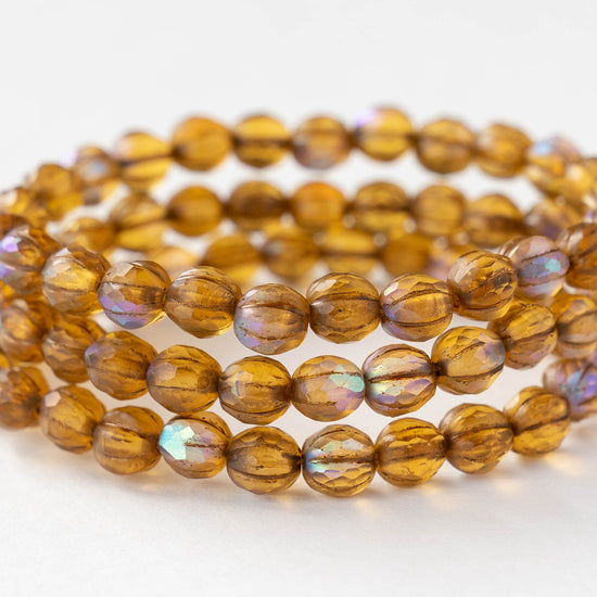 6mm Faceted Round Glass Melon Bead - Amber AB Matte - 10 or 30 Beads