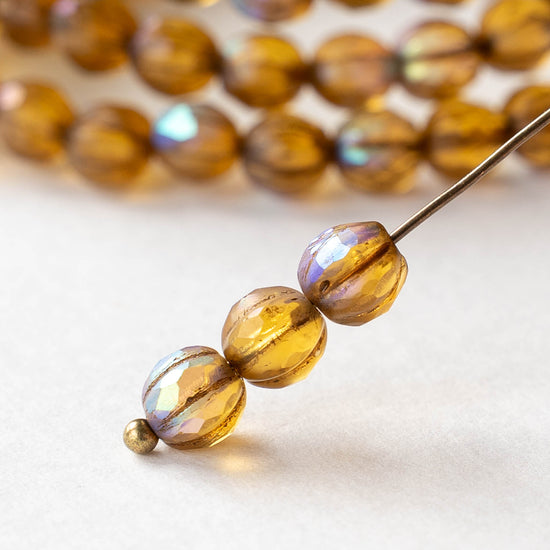 6mm Faceted Round Glass Melon Bead - Amber AB Matte - 10 or 30 Beads