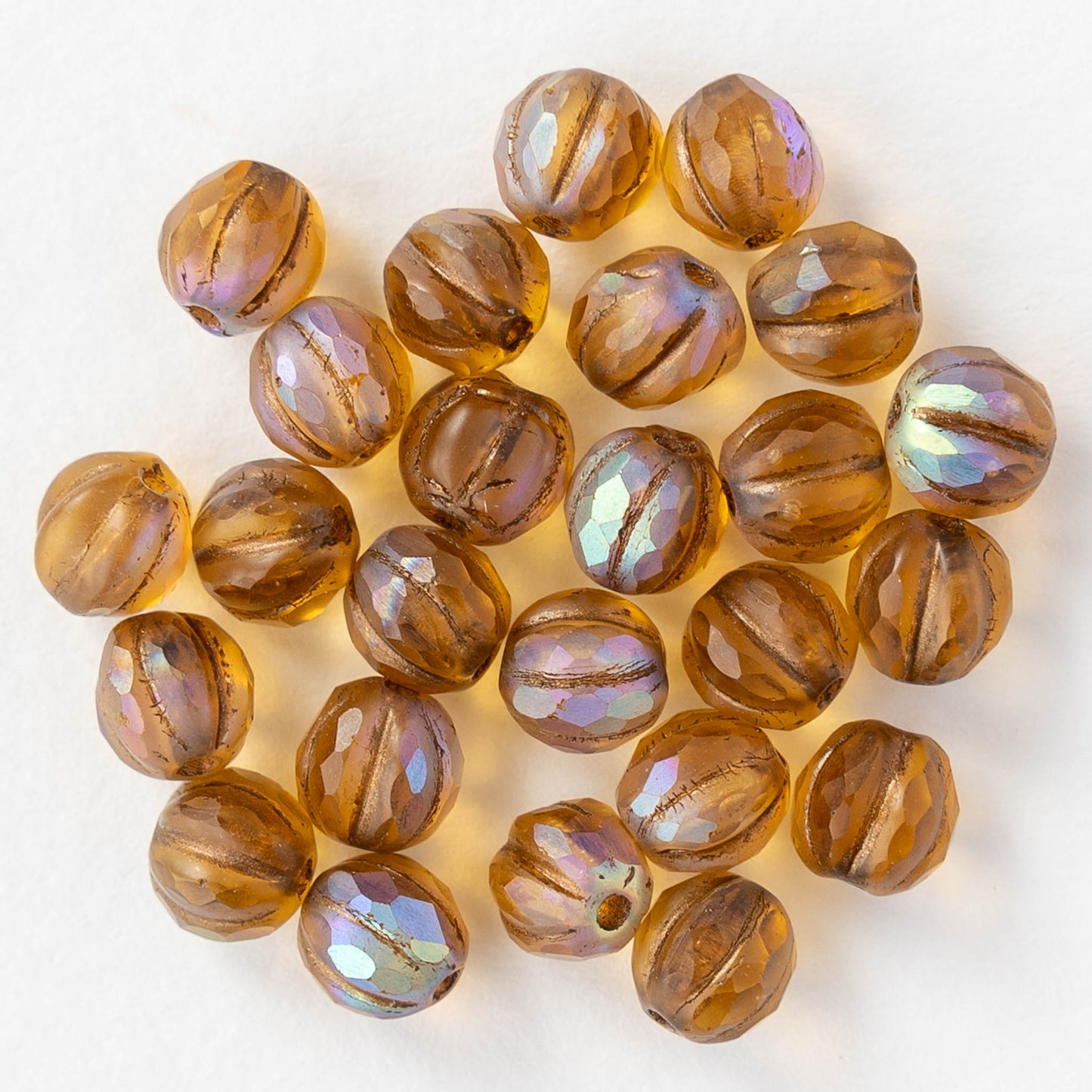 6mm Faceted Round Glass Melon Bead - Amber AB Matte - 10 or 30 Beads