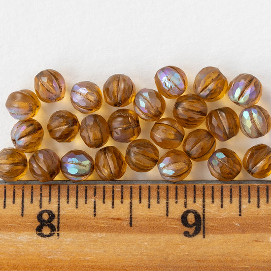 6mm Faceted Round Glass Melon Bead - Amber AB Matte - 10 or 30 Beads