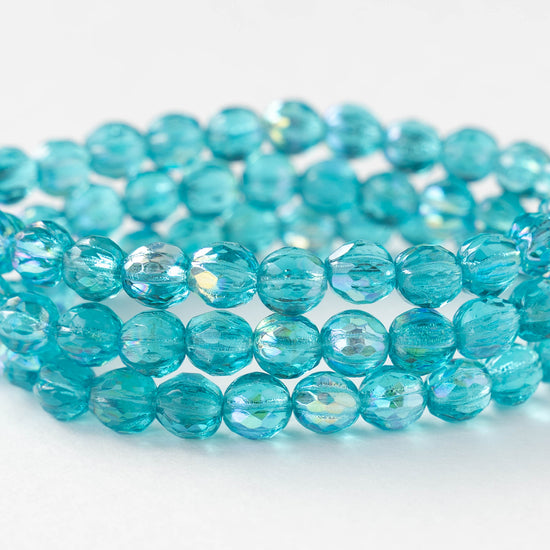 6mm Faceted Round Glass Melon Bead - Aqua AB - 10 or 30 Beads