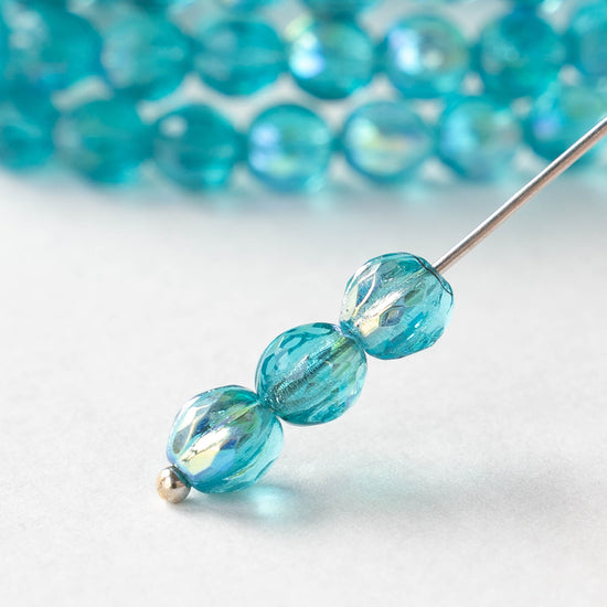 6mm Faceted Round Glass Melon Bead - Aqua AB - 10 or 30 Beads