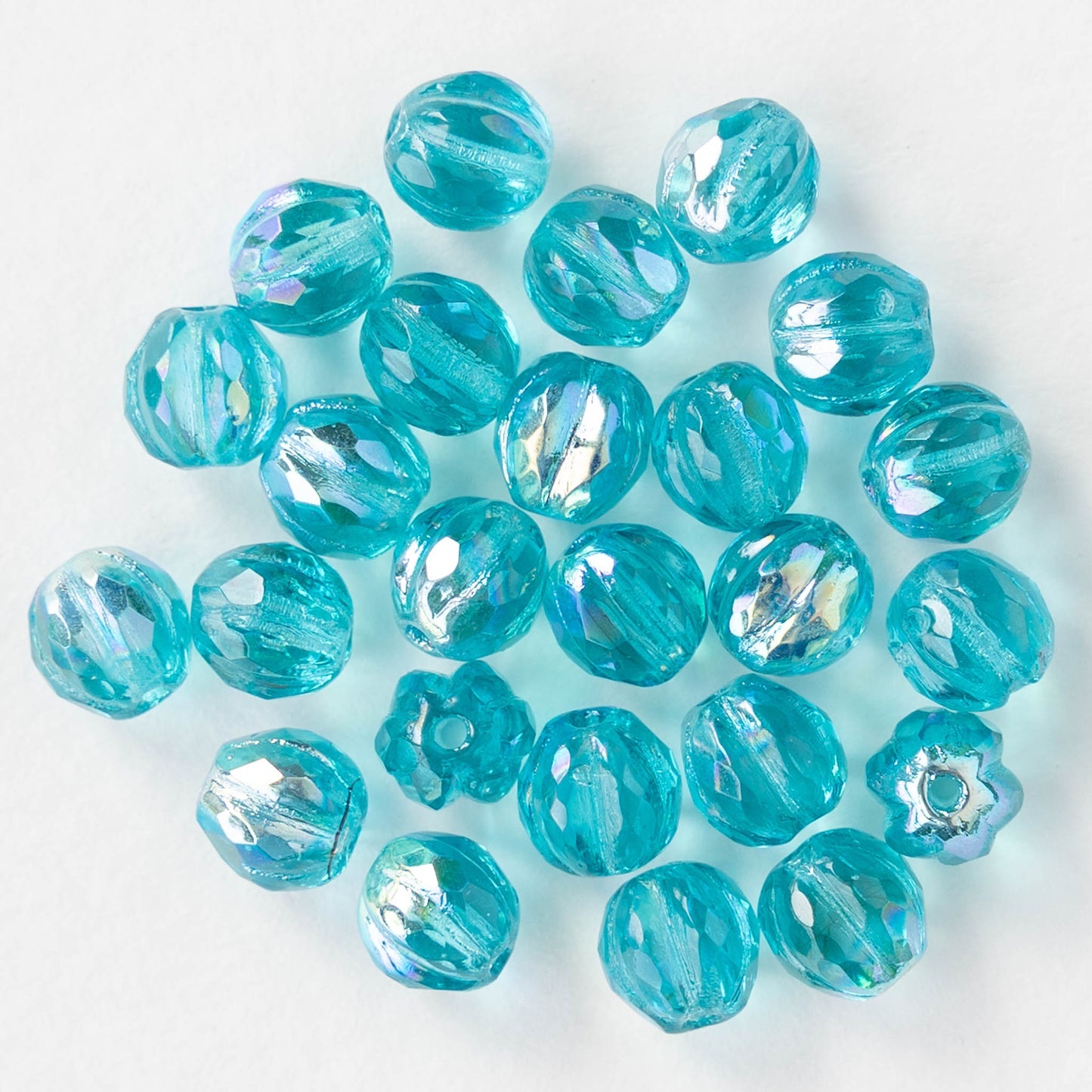 6mm Faceted Round Glass Melon Bead - Aqua AB - 10 or 30 Beads