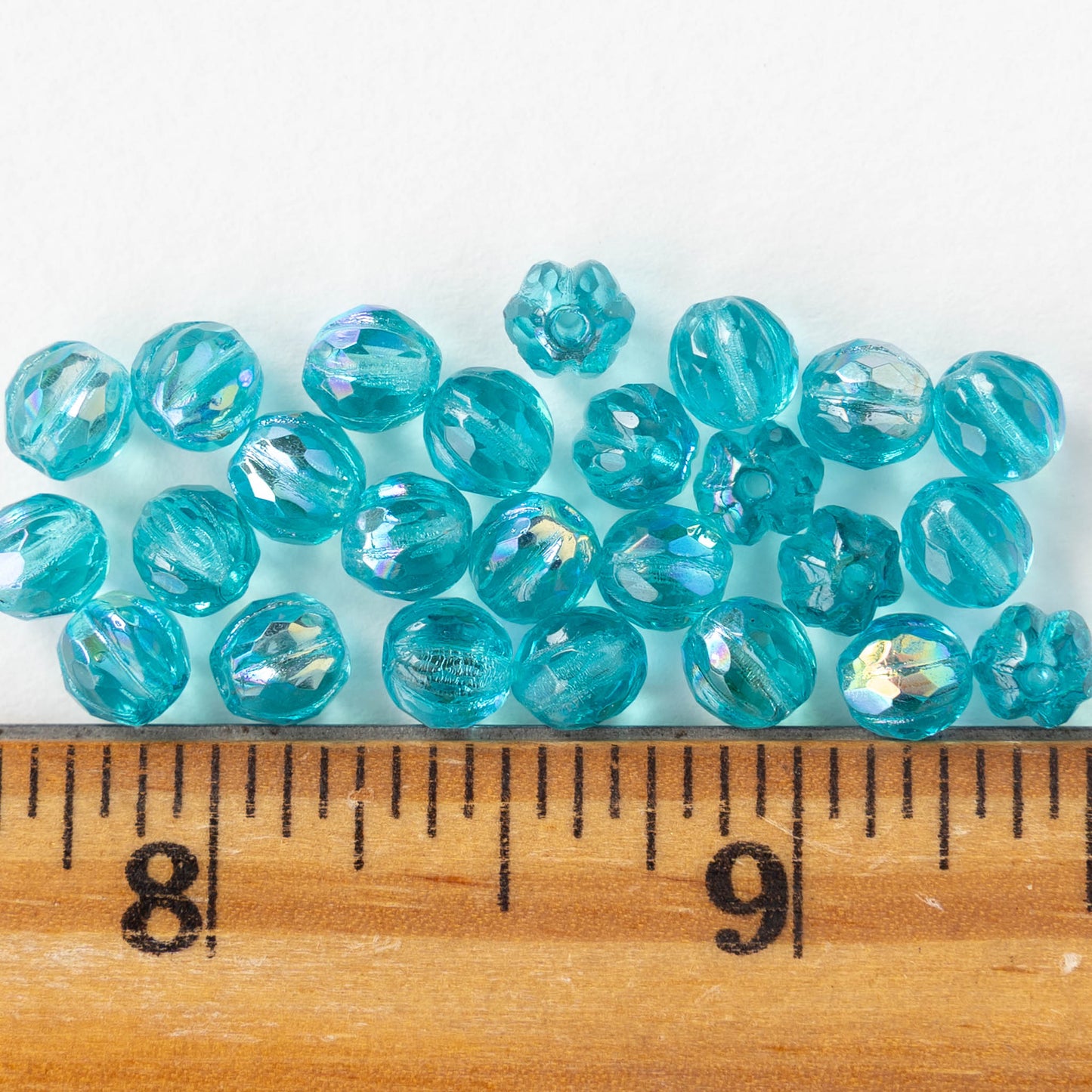6mm Faceted Round Glass Melon Bead - Aqua AB - 10 or 30 Beads