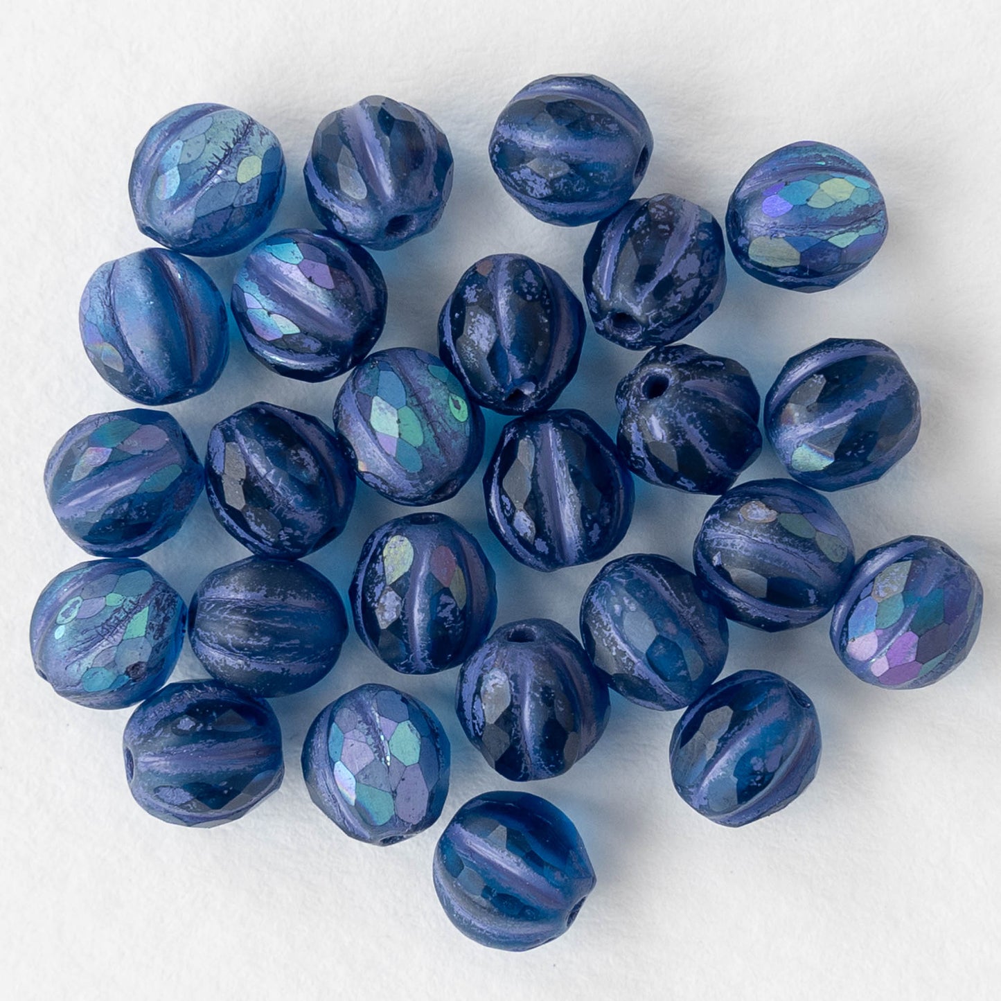 6mm Faceted Round Glass Melon Bead - Blue AB Matte - 10 or 20 Beads