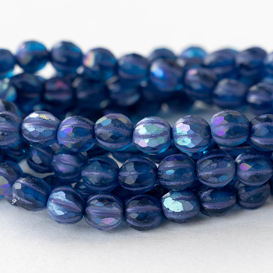 6mm Faceted Round Glass Melon Bead - Matte Blue AB - 10 or 20 Beads