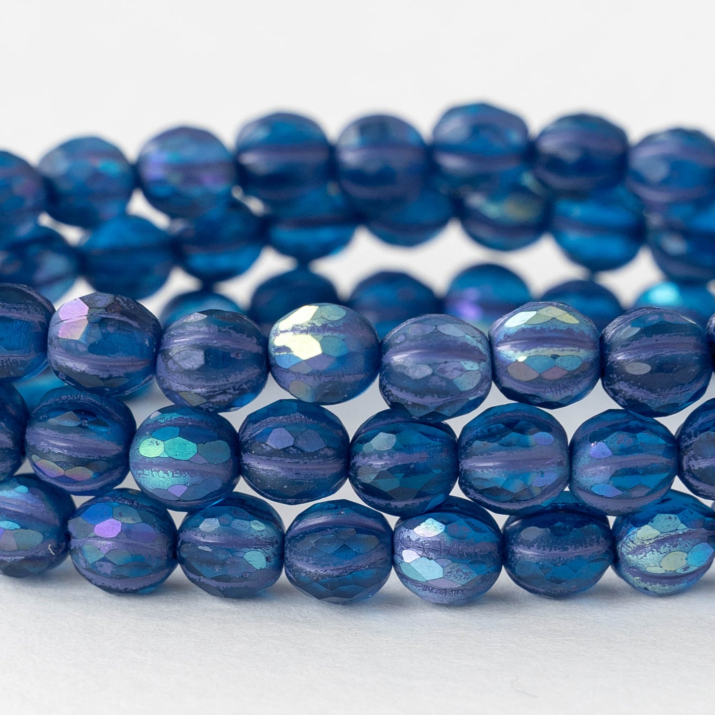 6mm Faceted Round Glass Melon Bead - Blue AB Matte - 10 or 20 Beads