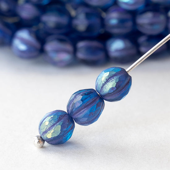 6mm Faceted Round Glass Melon Bead - Matte Blue AB - 10 or 20 Beads