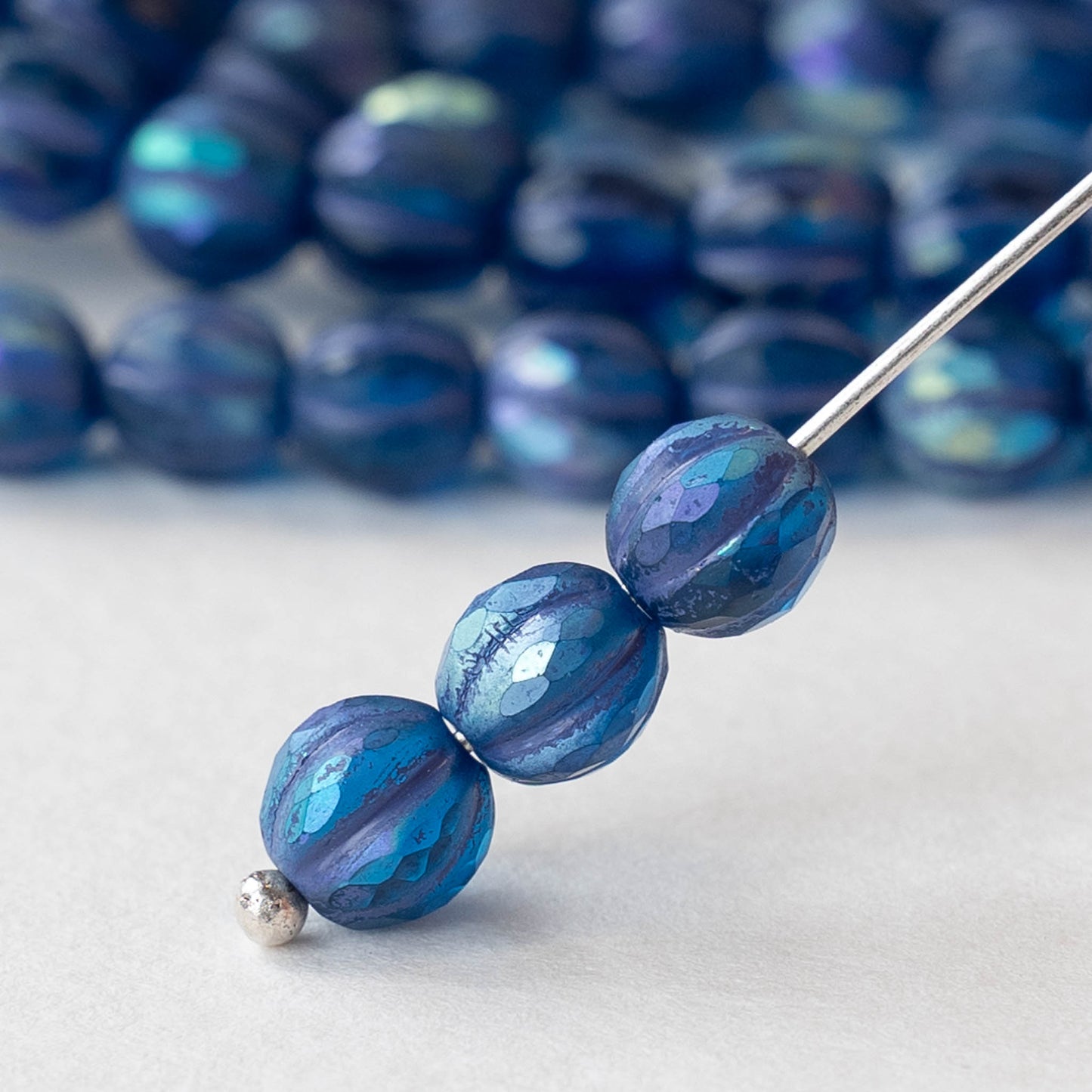 6mm Faceted Round Glass Melon Bead - Blue AB Matte - 10 or 20 Beads