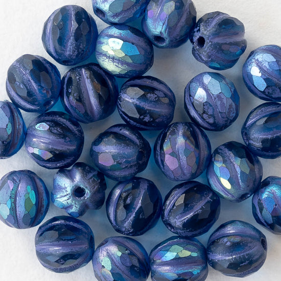 6mm Faceted Round Glass Melon Bead - Matte Blue AB - 10 or 20 Beads