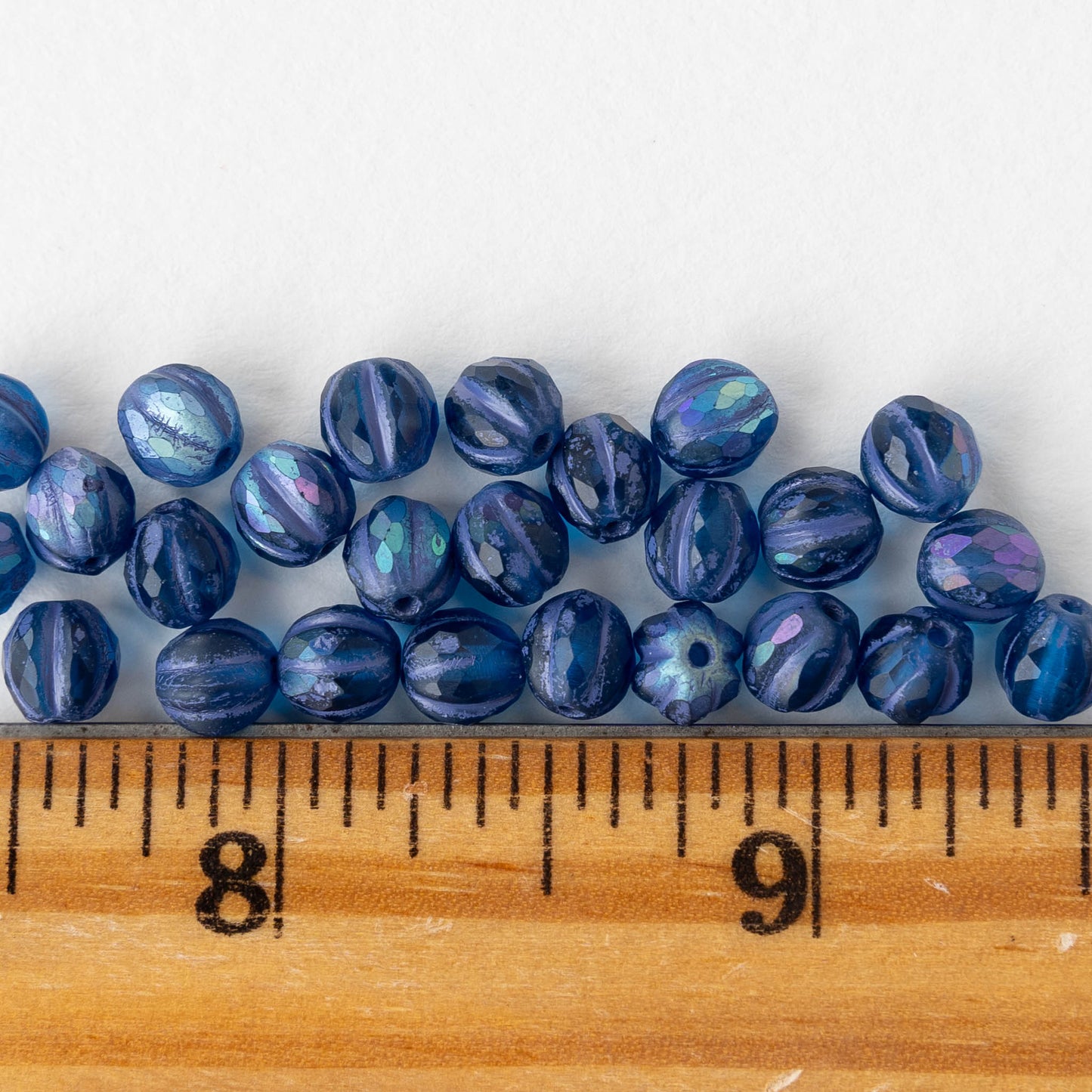 6mm Faceted Round Glass Melon Bead - Blue AB Matte - 10 or 20 Beads