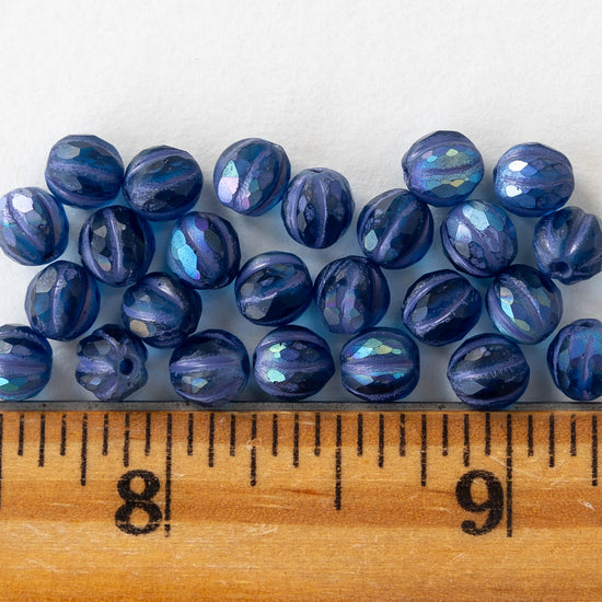 6mm Faceted Round Glass Melon Bead - Matte Blue AB - 10 or 20 Beads