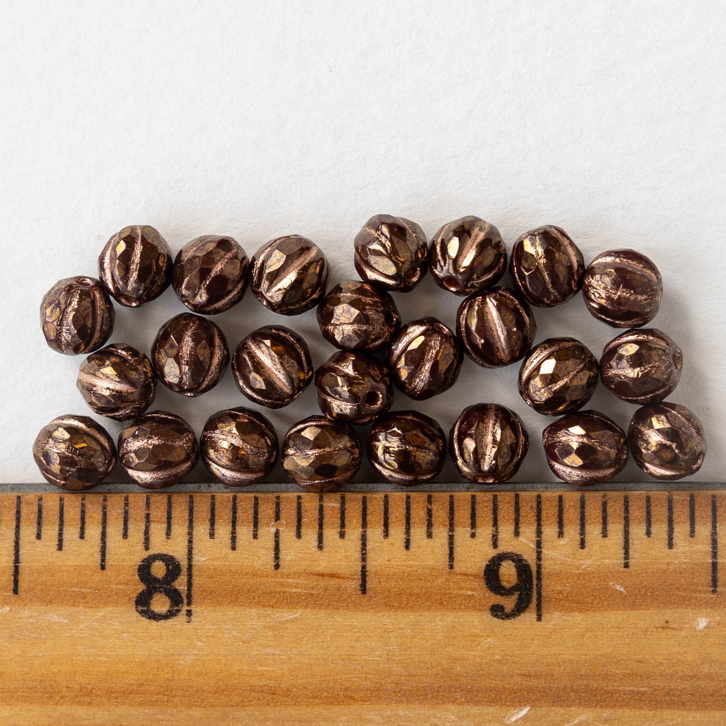 6mm Faceted Glass Melon Bead - Opaque Bronze with Copper Wash - 10 or 20 Beads