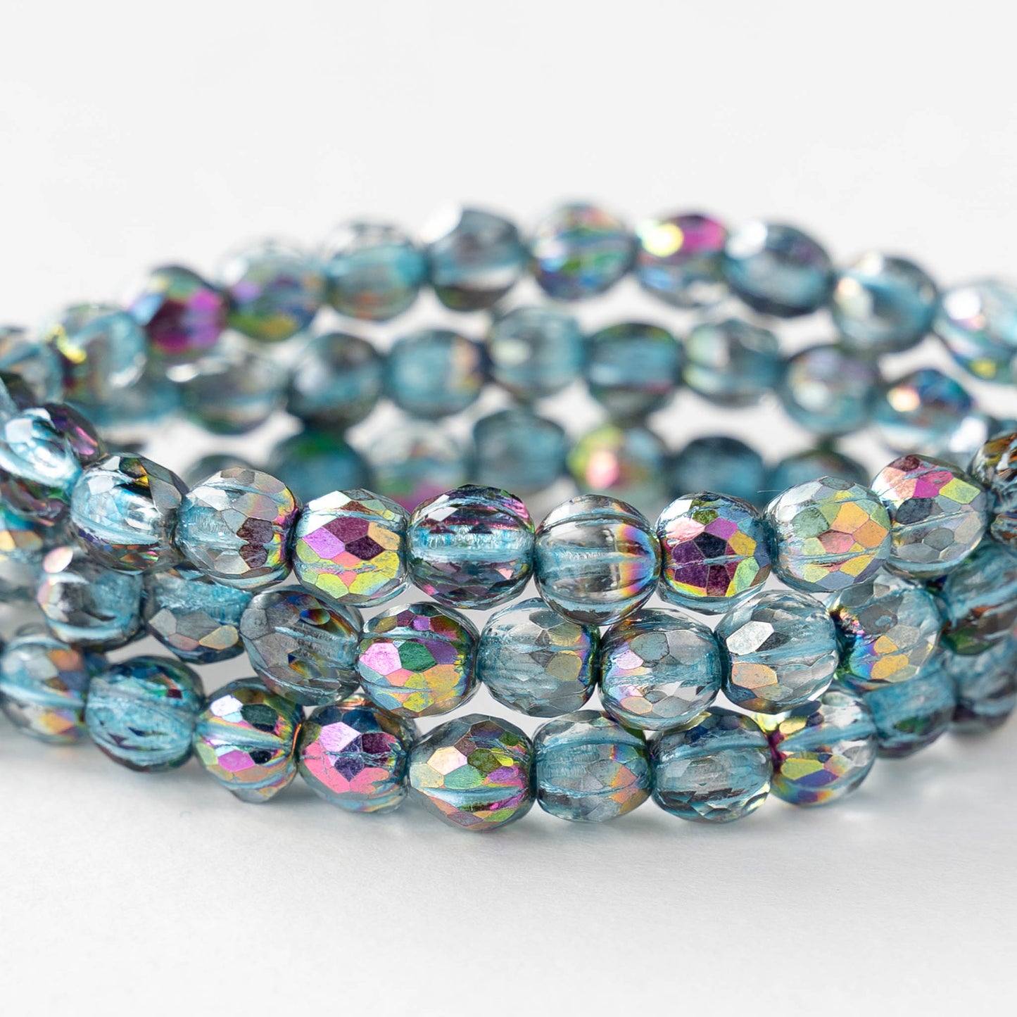 6mm Faceted Round Glass Melon Bead - Crystal Blue Rainbow - 10 or 30 Beads