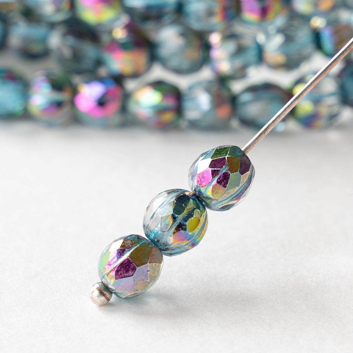 6mm Faceted Round Glass Melon Bead - Crystal Blue Rainbow - 10 or 30 Beads
