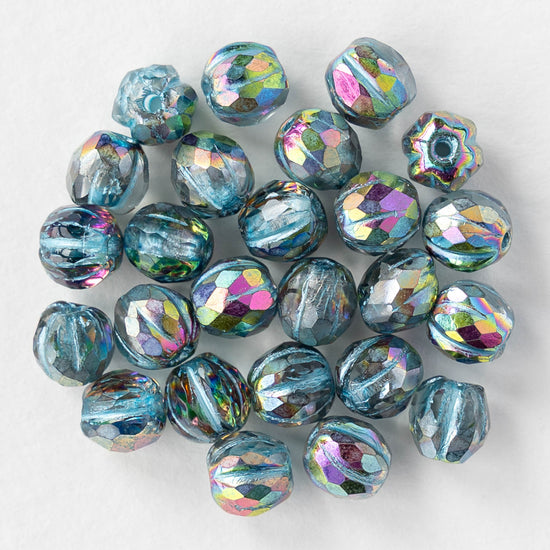 6mm Faceted Round Glass Melon Bead - Crystal Blue Rainbow - 10 or 30 Beads