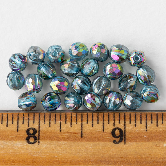 6mm Faceted Round Glass Melon Bead - Crystal Blue Rainbow - 10 or 30 Beads