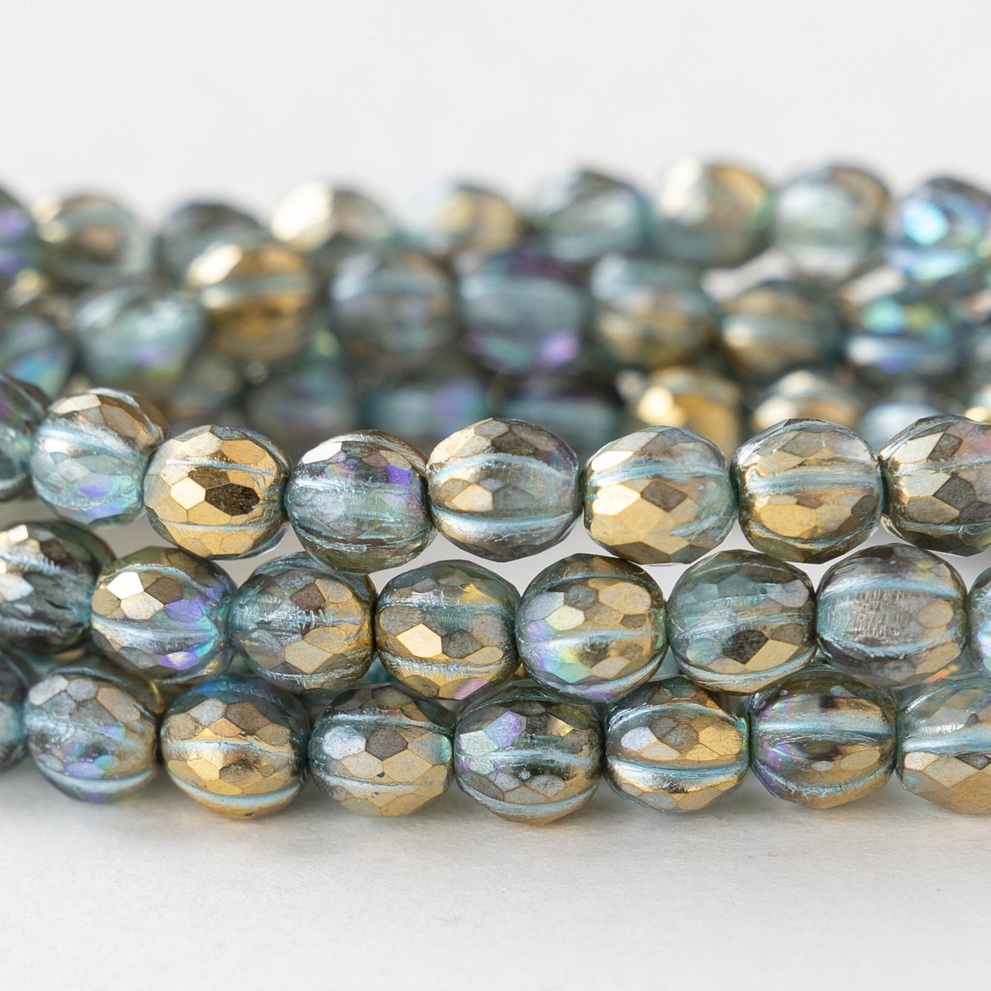 6mm Faceted Round Glass Melon Bead - Crystal Gold AB - 10 or 20 Beads