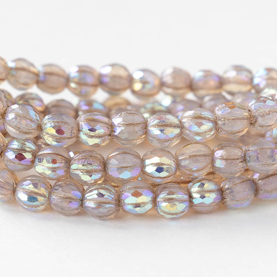 6mm Faceted Round Glass Melon Bead - Opaline Crystal AB - 10 or 30 Beads