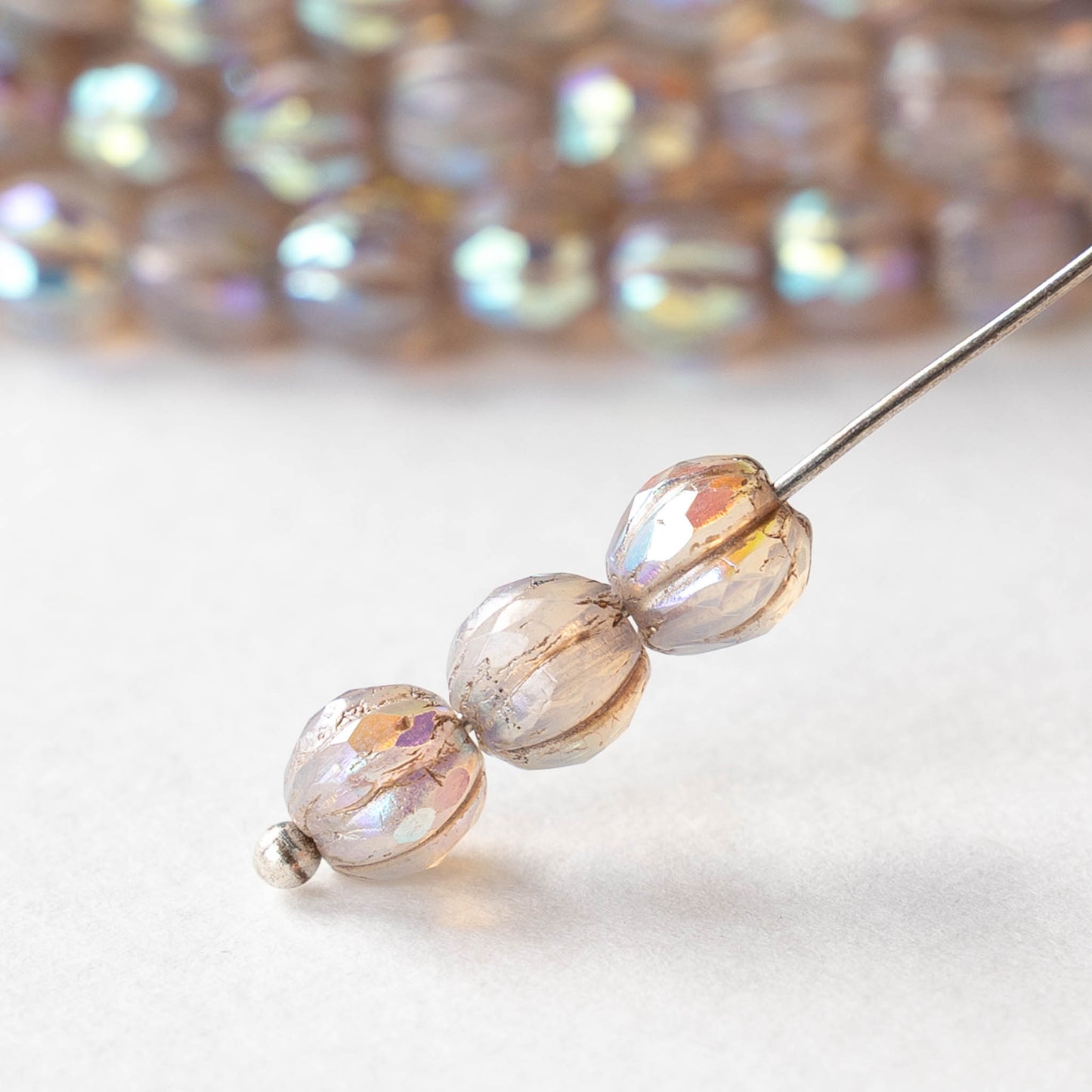 6mm Faceted Round Glass Melon Bead - Opaline Crystal AB - 10 or 30 Beads