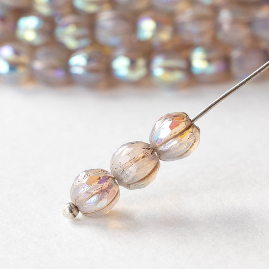 6mm Faceted Round Glass Melon Bead - Opaline Crystal AB - 10 or 30 Beads