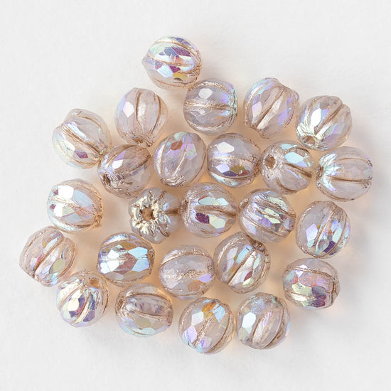 6mm Faceted Round Glass Melon Bead - Opaline Crystal AB - 10 or 30 Beads