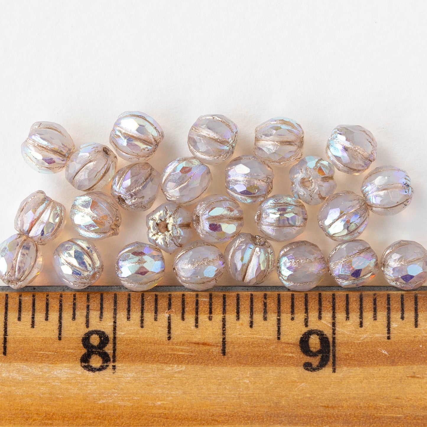 6mm Faceted Round Glass Melon Bead - Opaline Crystal AB - 10 or 30 Beads