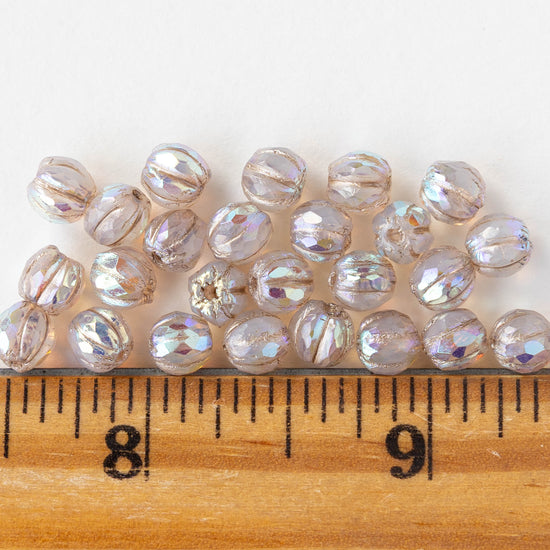 6mm Faceted Round Glass Melon Bead - Opaline Crystal AB - 10 or 30 Beads