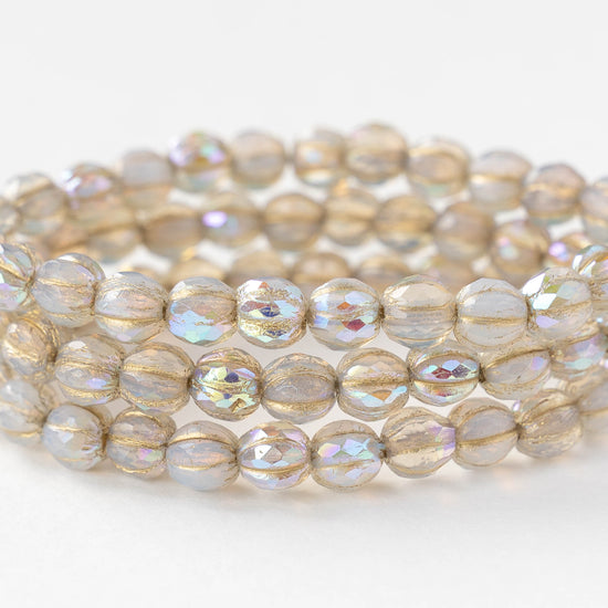 6mm Faceted Round Glass Melon Bead - Opaline Crystal AB with Gold Wash - 10 or 30 Beads