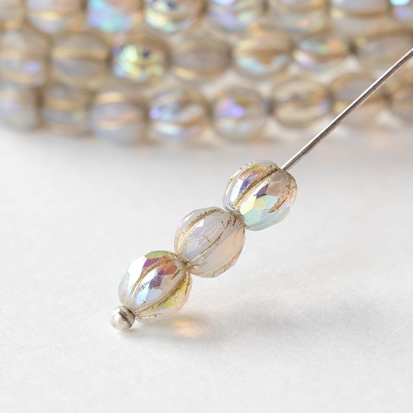 6mm Faceted Round Glass Melon Bead - Opaline Crystal AB with Gold Wash - 10 or 30 Beads