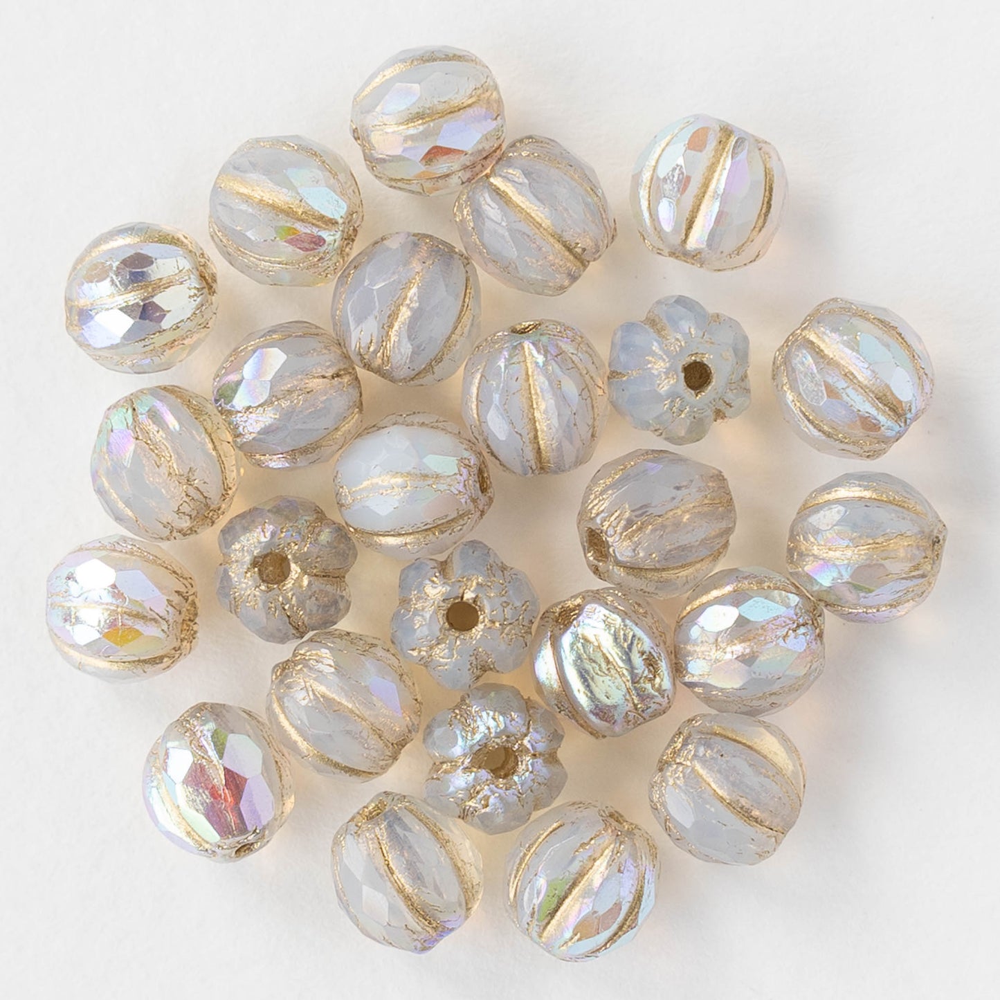 6mm Faceted Round Glass Melon Bead - Opaline Crystal AB with Gold Wash - 10 or 30 Beads