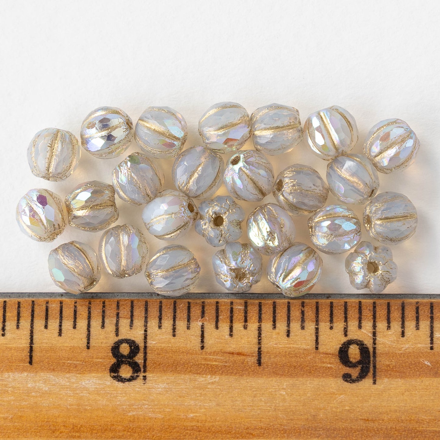6mm Faceted Round Glass Melon Bead - Opaline Crystal AB with Gold Wash - 10 or 30 Beads