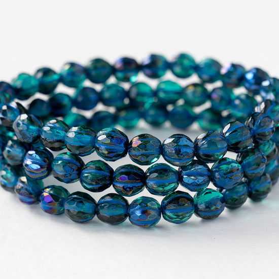 6mm Faceted Round Glass Melon Bead - Emerald AB with Blue Wash - 10 or 30 Beads
