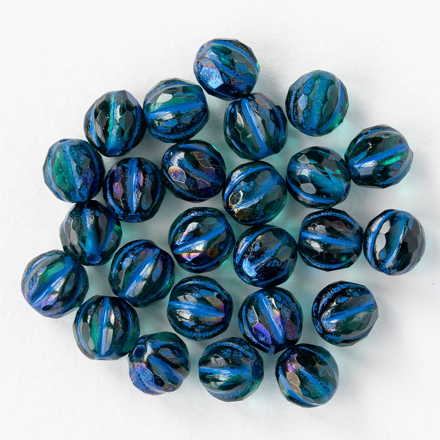6mm Faceted Round Glass Melon Bead - Emerald AB with Blue Wash - 10 or 30 Beads