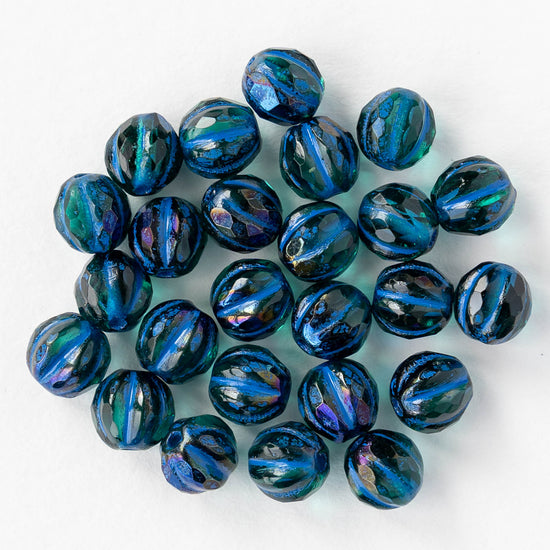 6mm Faceted Round Glass Melon Bead - Emerald AB with Blue Wash - 10 or 30 Beads