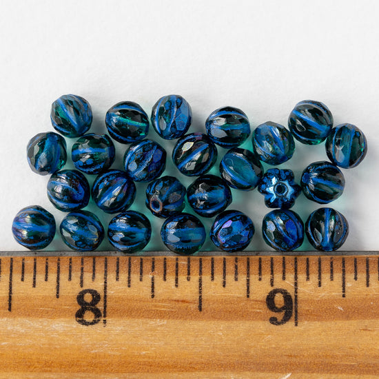6mm Faceted Round Glass Melon Bead - Emerald AB with Blue Wash - 10 or 30 Beads