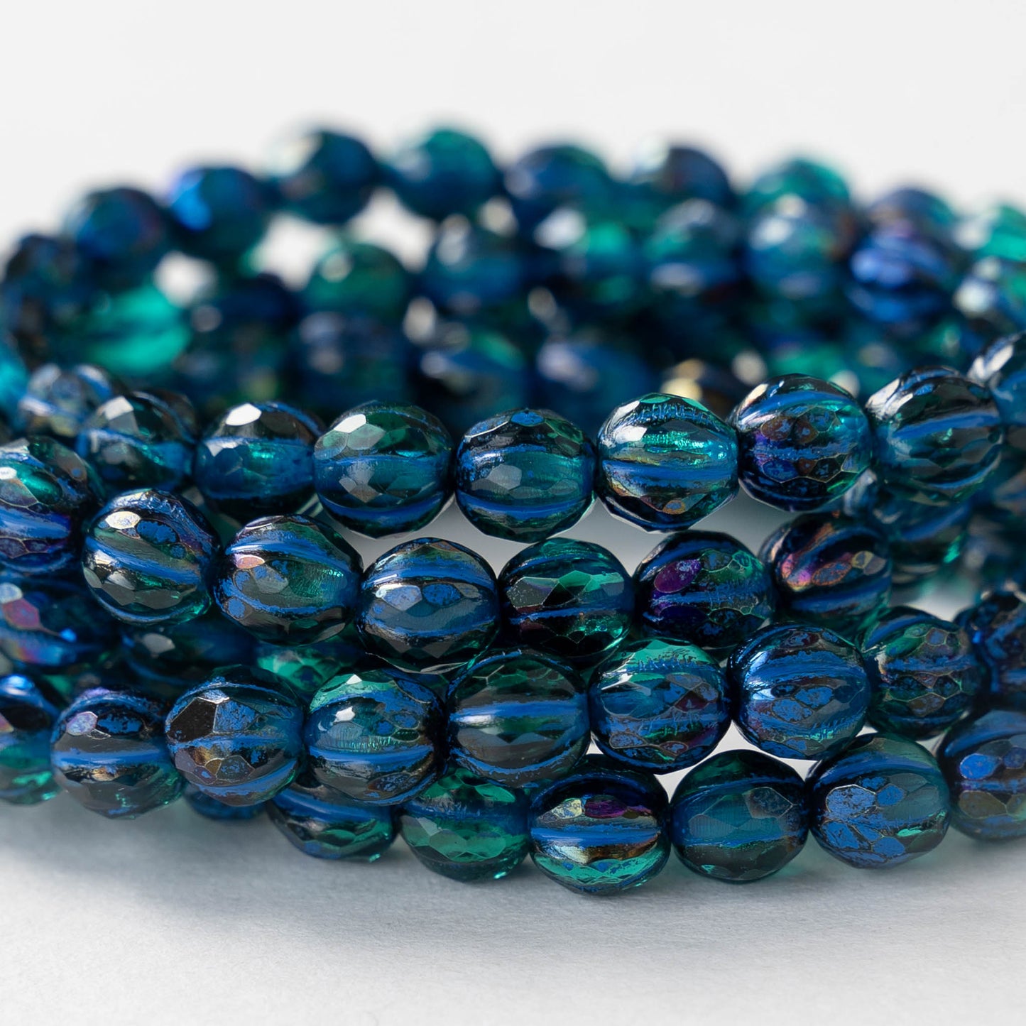 6mm Faceted Round Glass Melon Bead - Emerald Blue Shimmer - 10 or 20 Beads