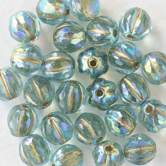 6mm Faceted Round Glass Melon Bead - Gold Lined Seafoam AB - 10 or 20 Beads