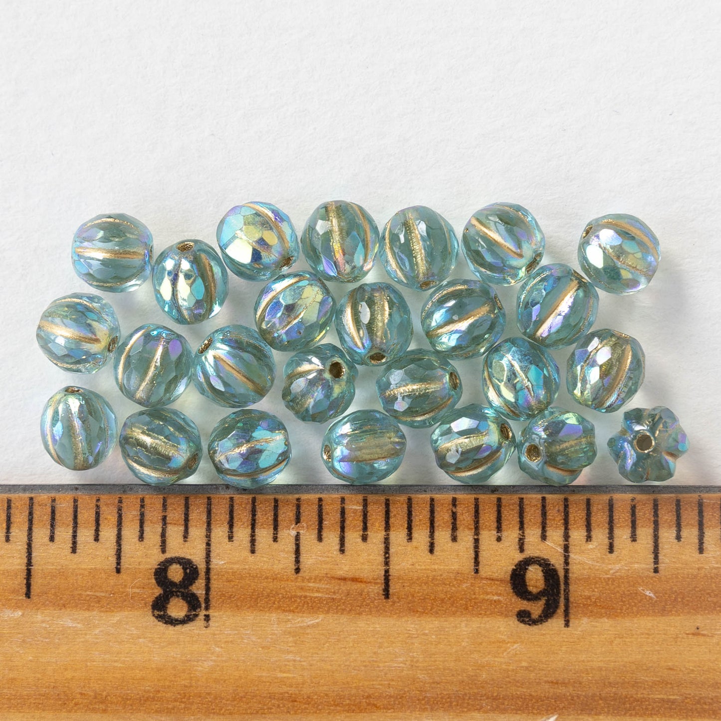 6mm Faceted Round Glass Melon Bead - Gold Lined Seafoam AB - 10 or 20 Beads