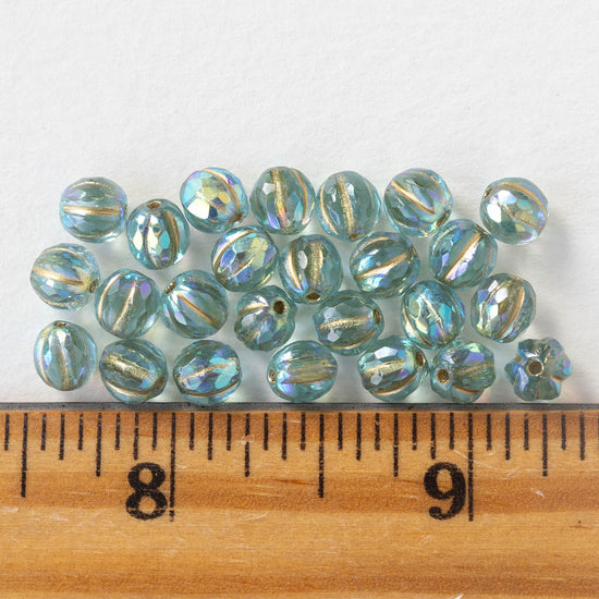 6mm Faceted Round Glass Melon Bead - Gold Lined Seafoam AB - 10 or 20 Beads