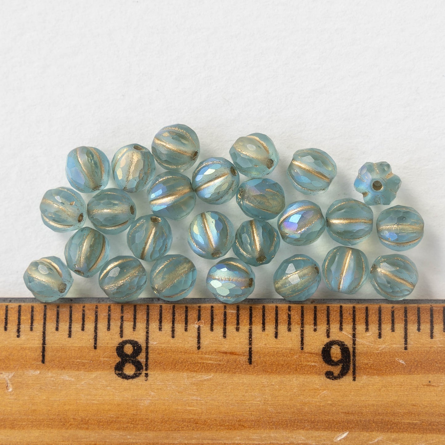 6mm Faceted Round Glass Melon Bead - Gold Lined Seafoam AB Matte - 10 or 20 Beads