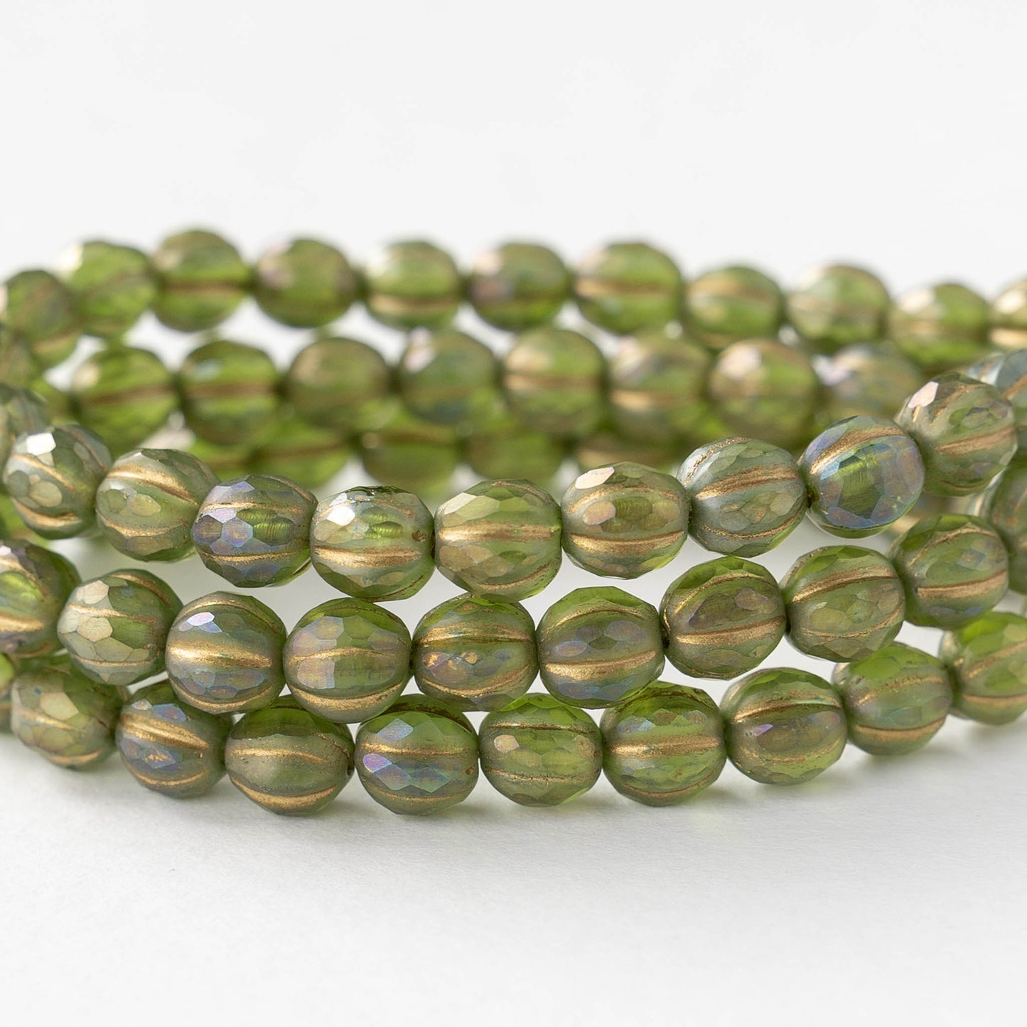 6mm Faceted Round Glass Melon Bead - Matte Green AB with Gold Wash - 10 or 30 Beads