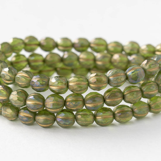 6mm Faceted Round Glass Melon Bead - Matte Green AB with Gold Wash - 10 or 30 Beads