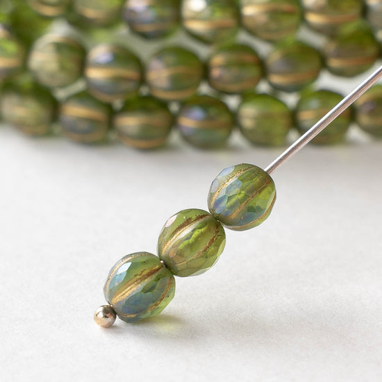 6mm Faceted Round Glass Melon Bead - Matte Green AB with Gold Wash - 10 or 30 Beads