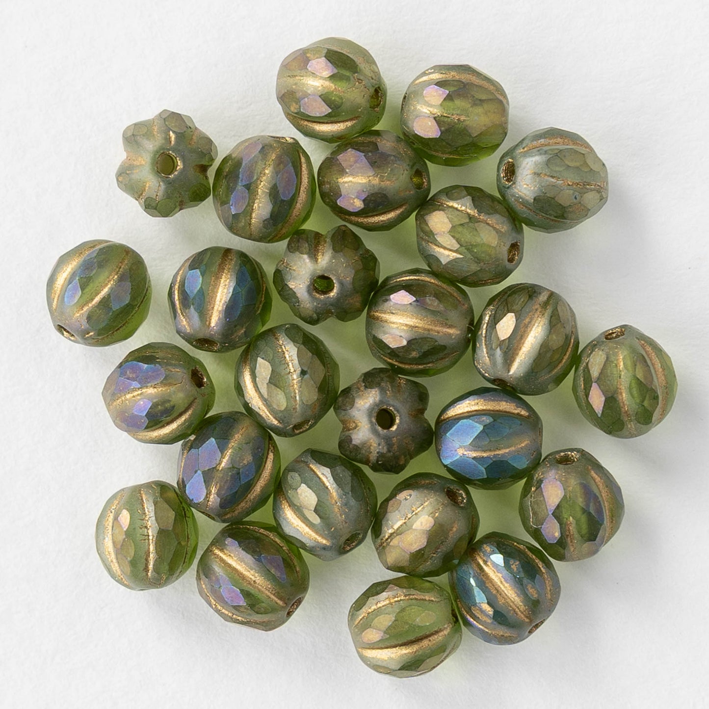 6mm Faceted Round Glass Melon Bead - Matte Green AB with Gold Wash - 10 or 30 Beads