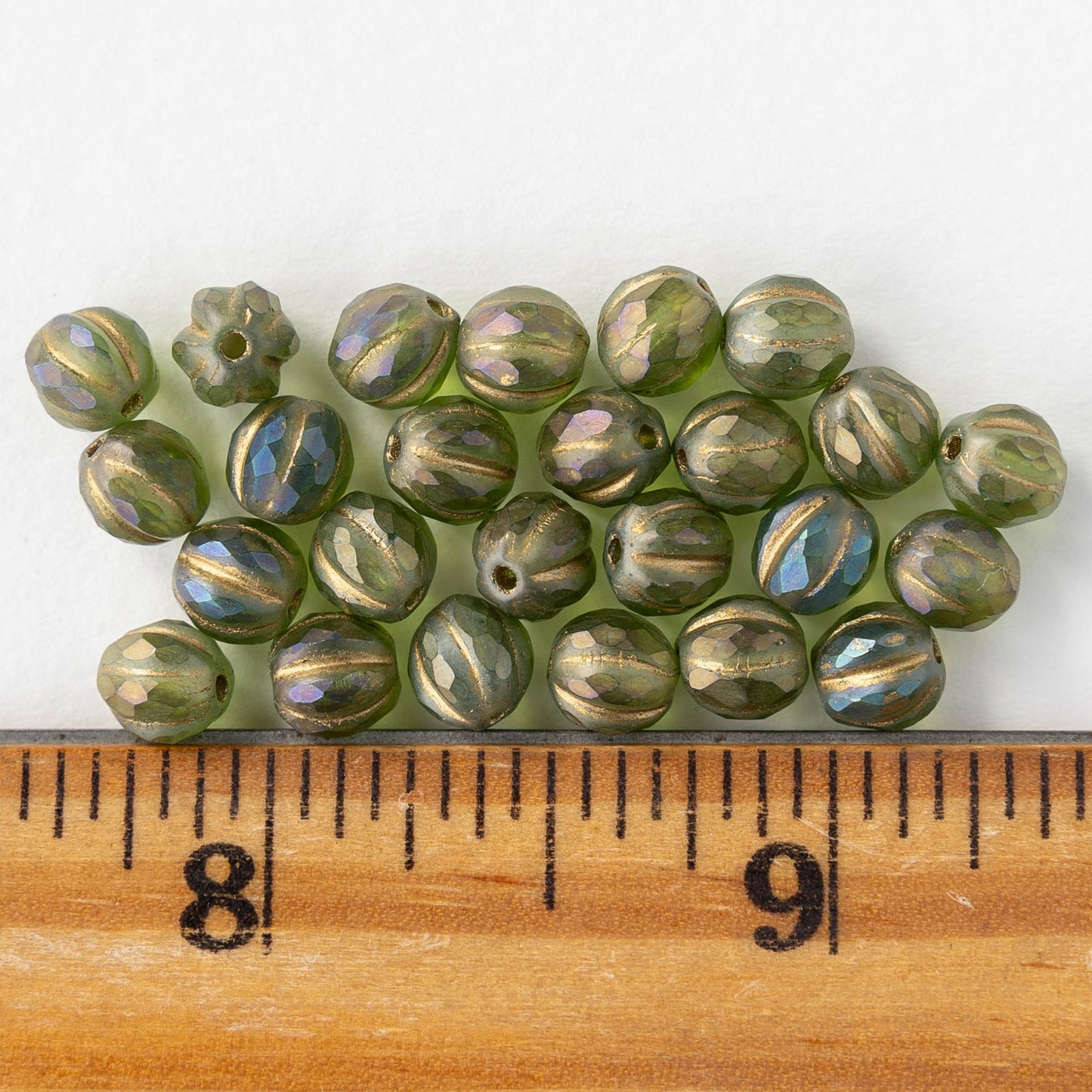 6mm Faceted Round Glass Melon Bead - Matte Green AB with Gold Wash - 10 or 30 Beads