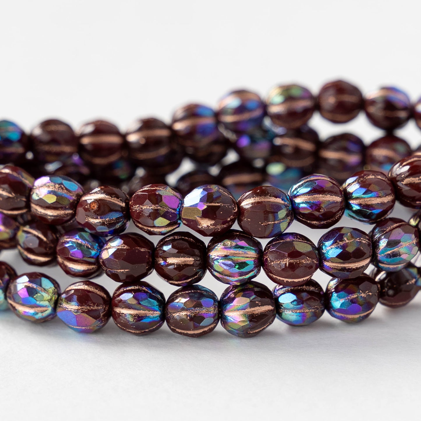 6mm Faceted Round Glass Melon Bead - Maroon AB with Copper Wash - 10 or 30 Beads