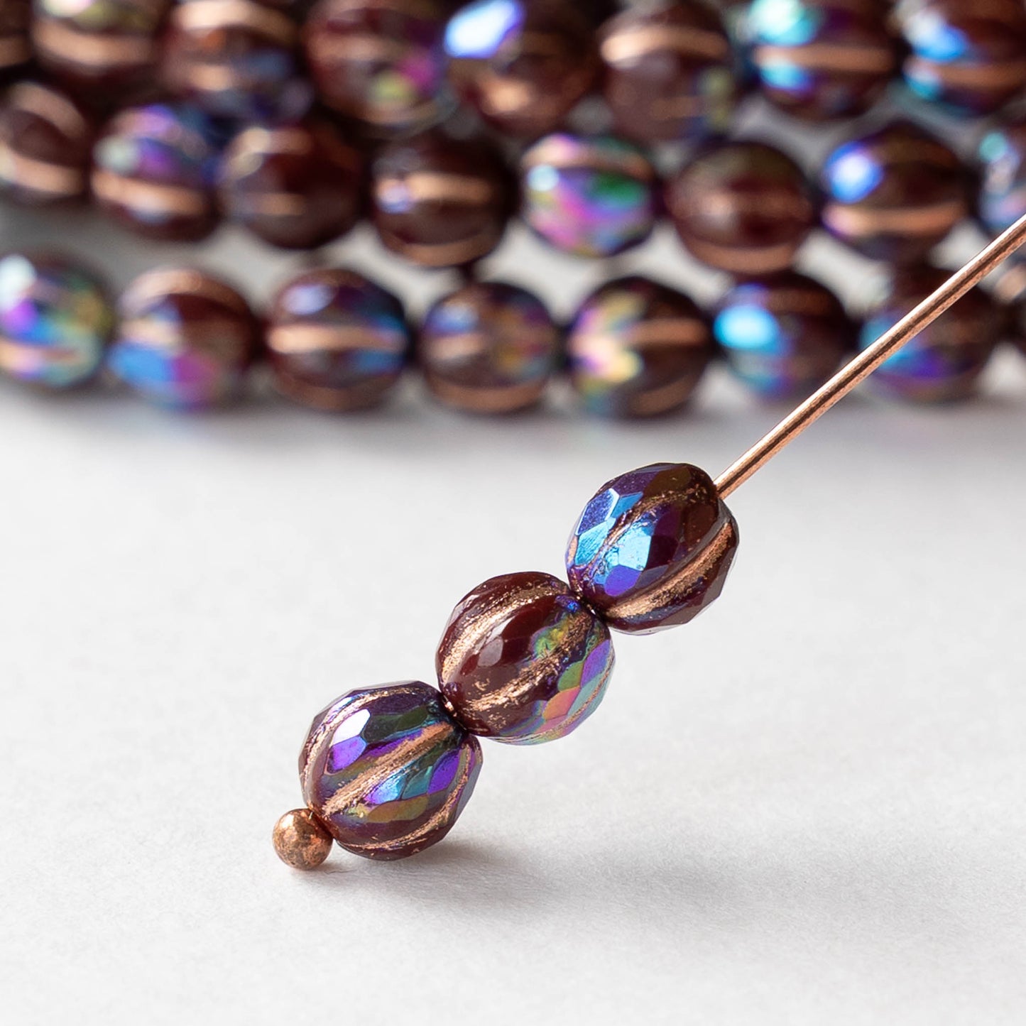 6mm Faceted Round Glass Melon Bead - Maroon AB with Copper Wash - 10 or 30 Beads