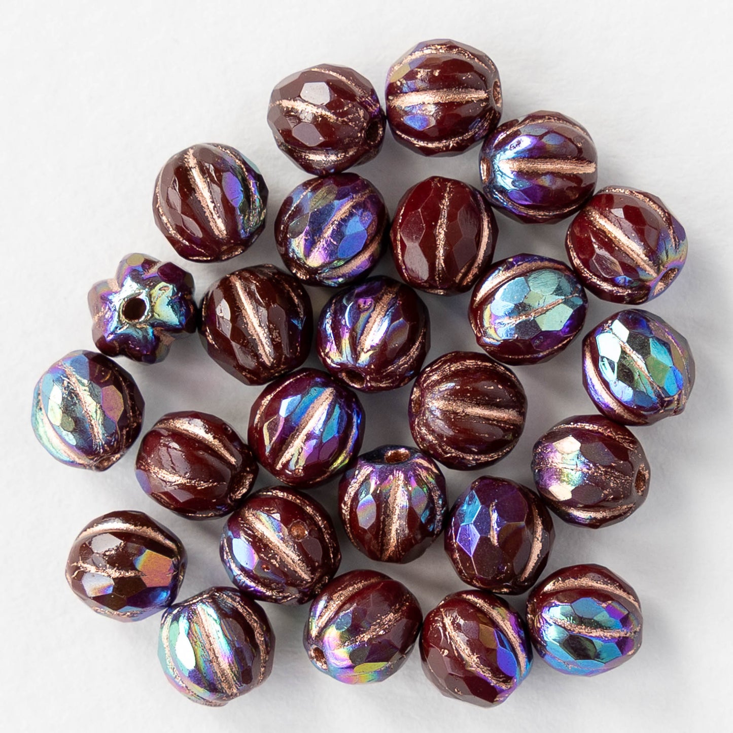 6mm Faceted Round Glass Melon Bead - Maroon AB with Copper Wash - 10 or 30 Beads