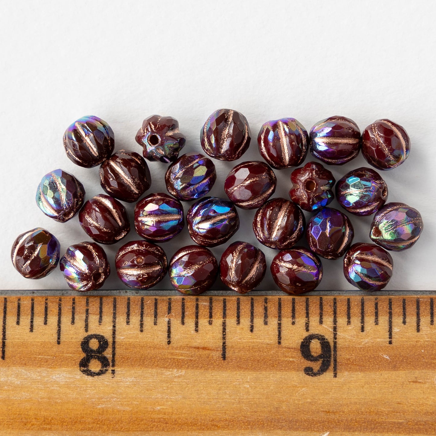 6mm Faceted Round Glass Melon Bead - Maroon AB with Copper Wash - 10 or 30 Beads
